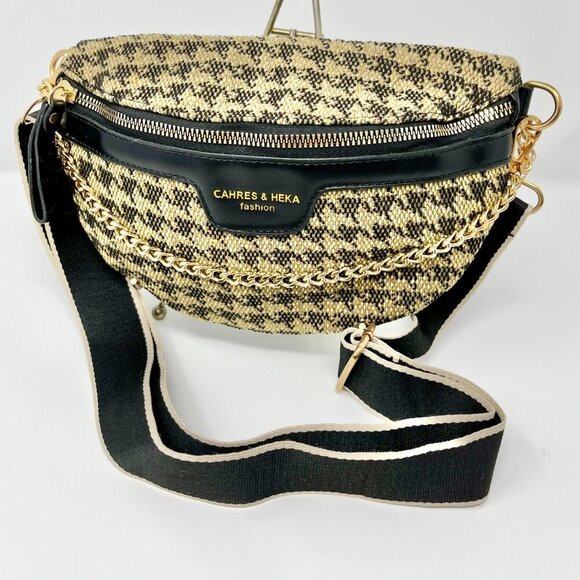 Cahres & Heka  Designer Crossbody Houndstooth Print Canvas Bag - Picture 2 of 14